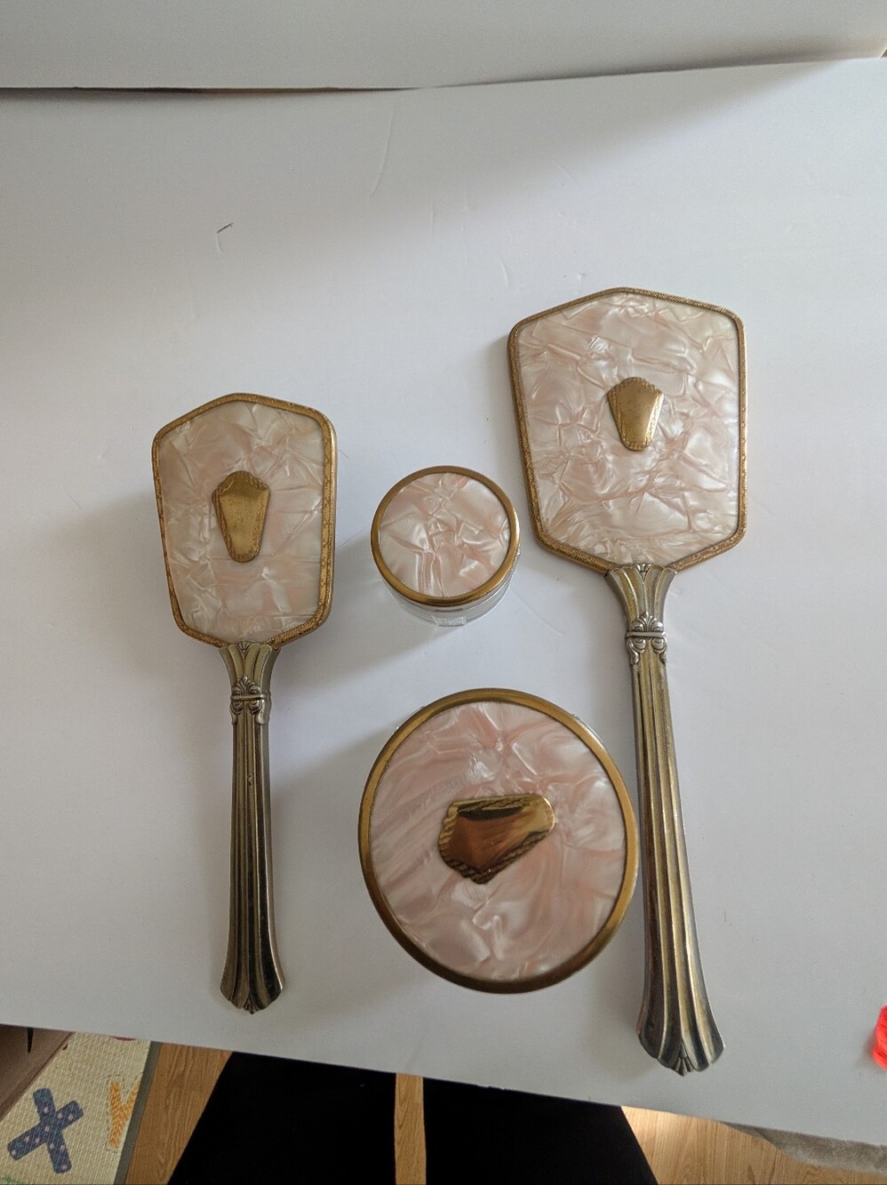 Vintage Dressing Table Set. 4 piece Antoine set . Mother of pearl with insets